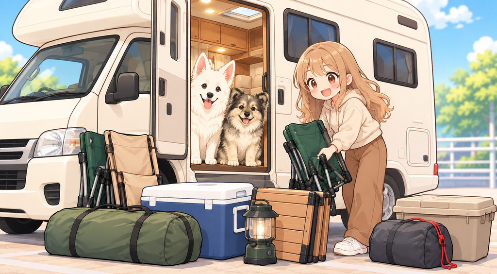 キャンピングカーから荷物を下ろす